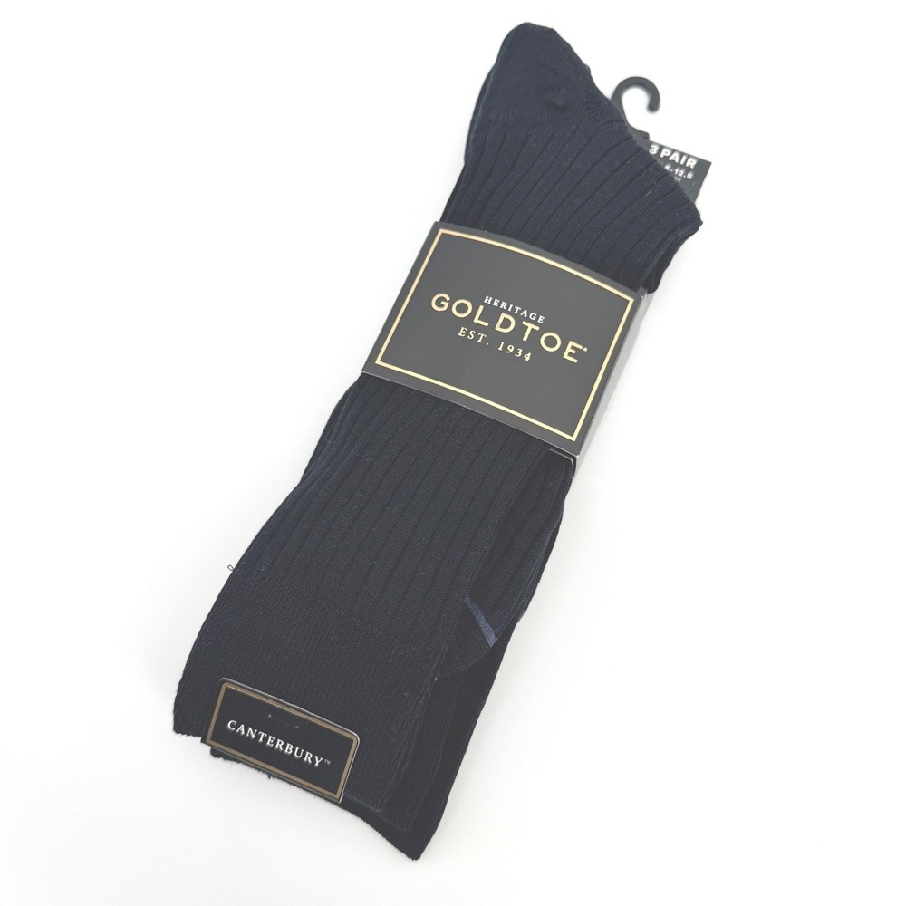 Gold Toe Canterbury Crew Socks Mens 6-12.5 Navy Ribbed Cotton Office 3 Pair NEW